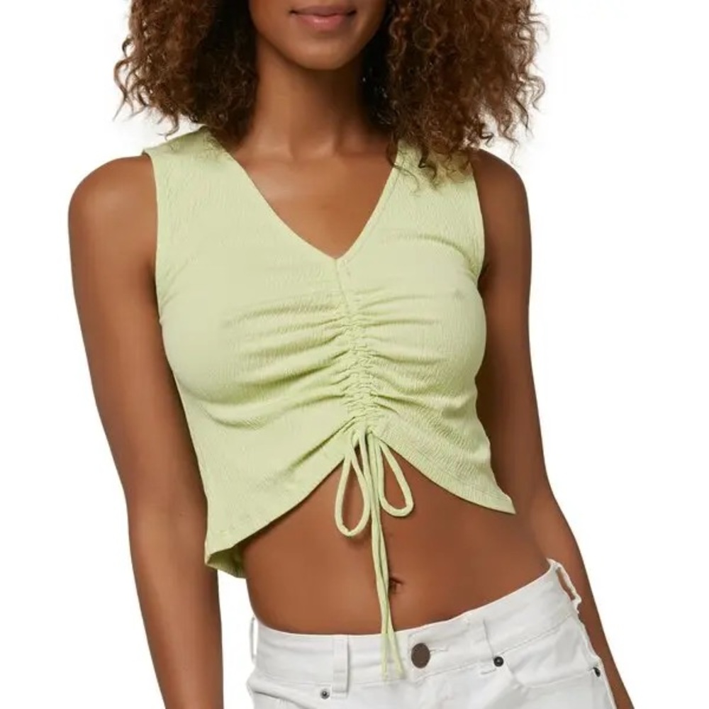 O’Neill Salty Blonde Fair Weather Lime Green Ruched Crinkle Crop Tank Top